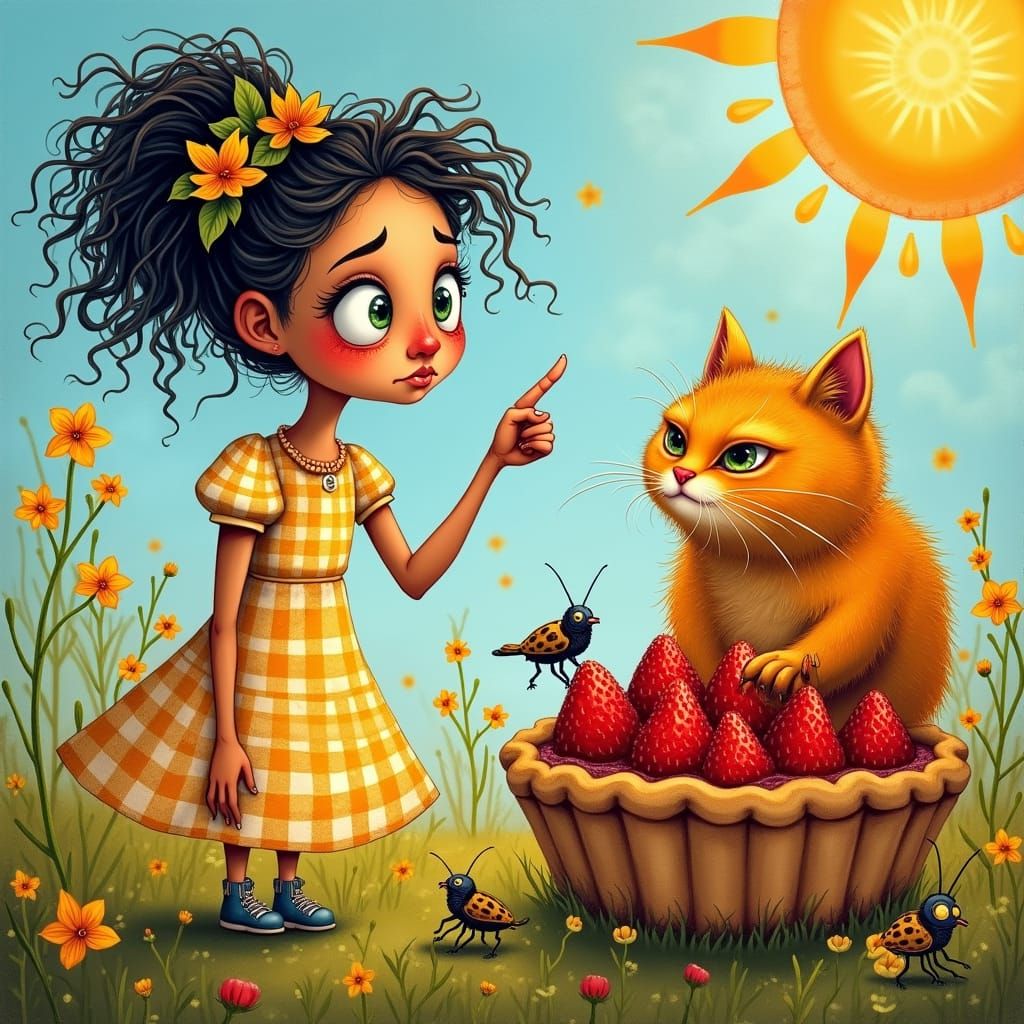 Whimsical Woman Confronts Ginger Cat Over Strawberry Pie