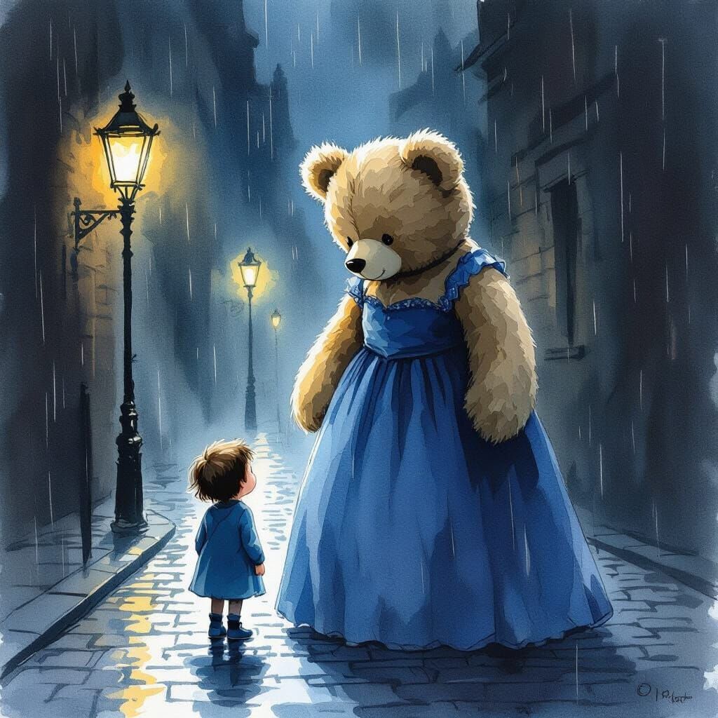 Teddy Bear Protects Child on Dark Street in Watercolor Style