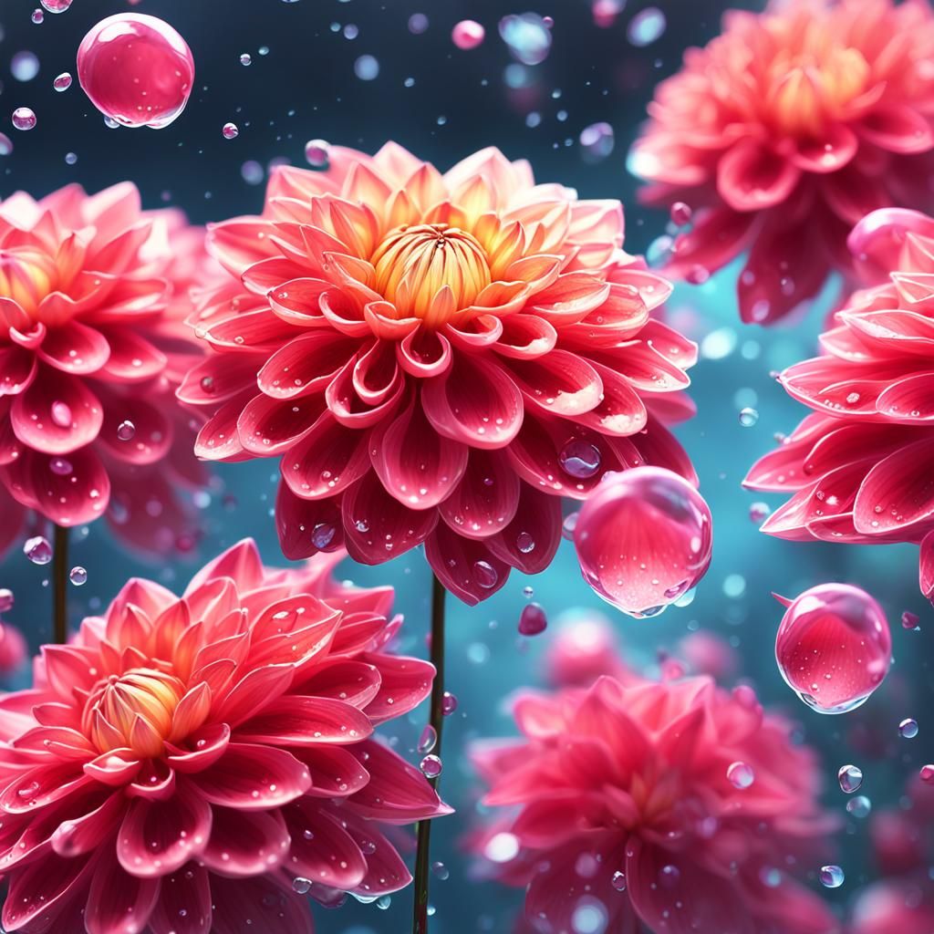 Floating Cherry Dahlias in Stylized 3D Anime Art