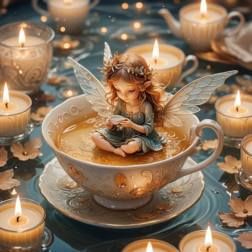 Fairy Bathes in Teacup Candlelight: Whimsical Illustration