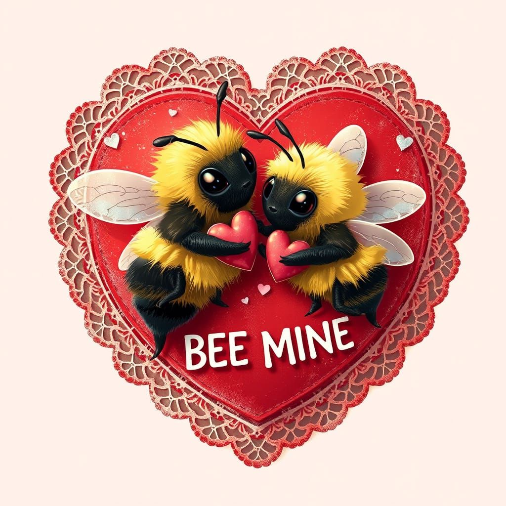 Vintage Valentine Bees in Whimsical Lace Heart