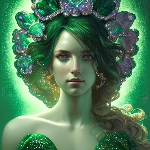 Emerald Shamrock Goddess Portrait in Art Nouveau Style