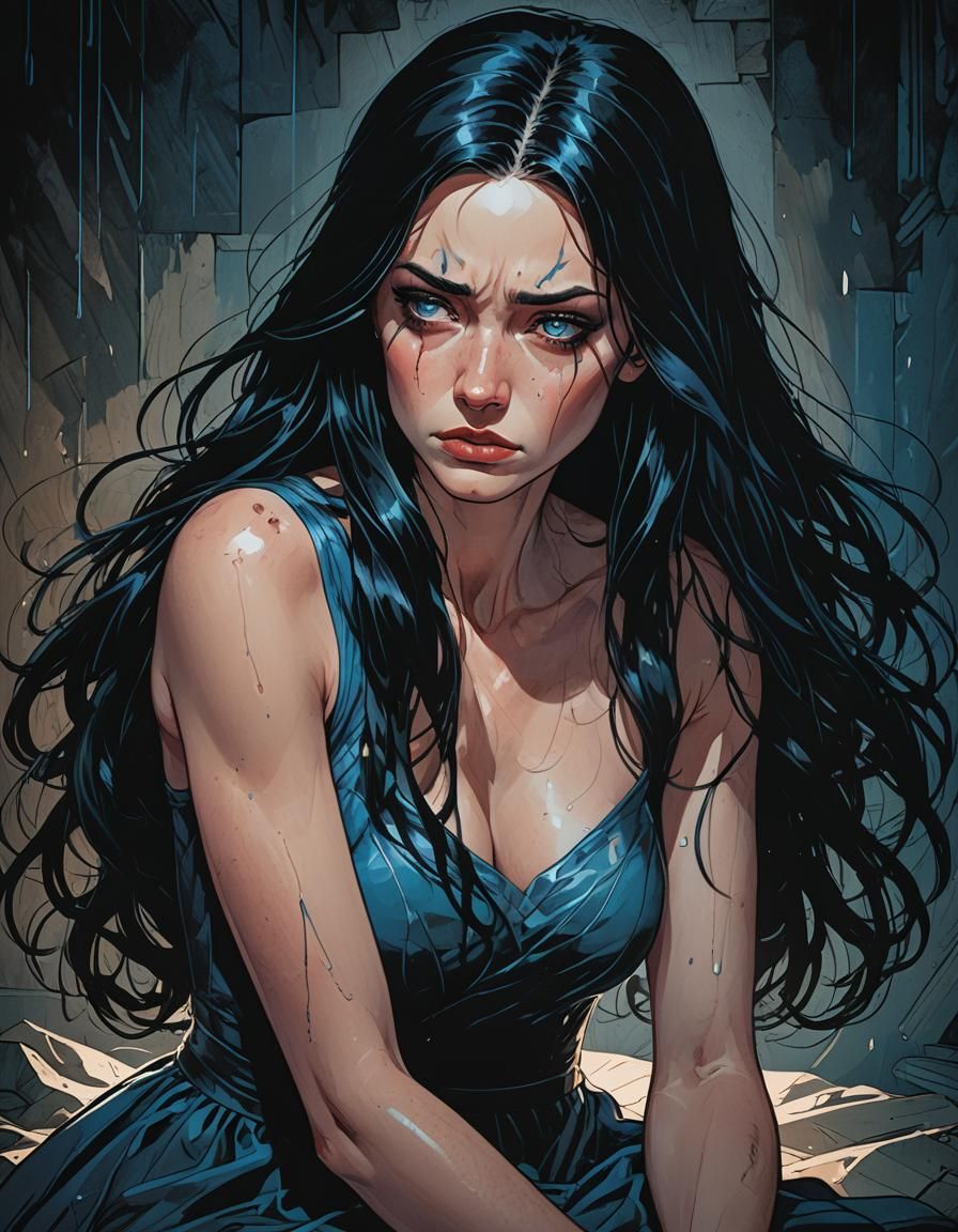 Crying Woman in Dark Room, Comic Book Illustration
