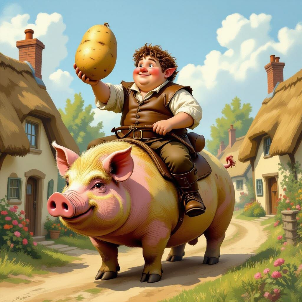Hobbit Rides Pig with Giant Potato in Whimsical Style
