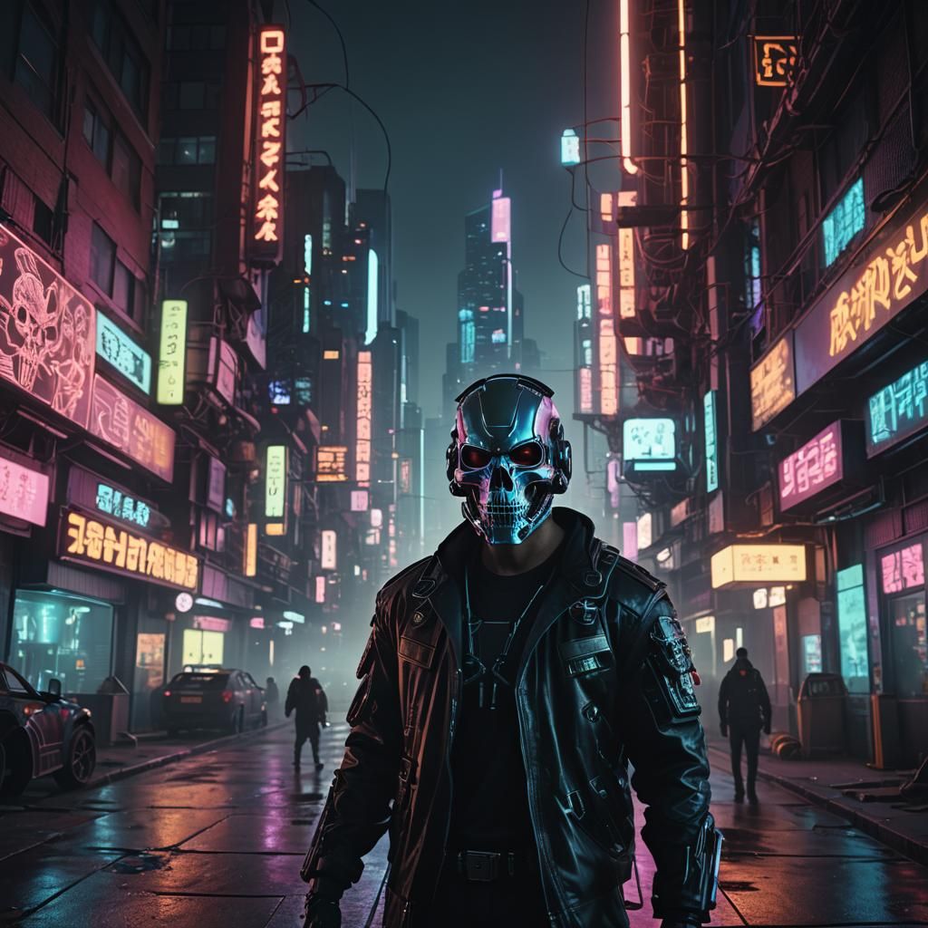 Cyberpunk Skull Mask in Futuristic Cityscape