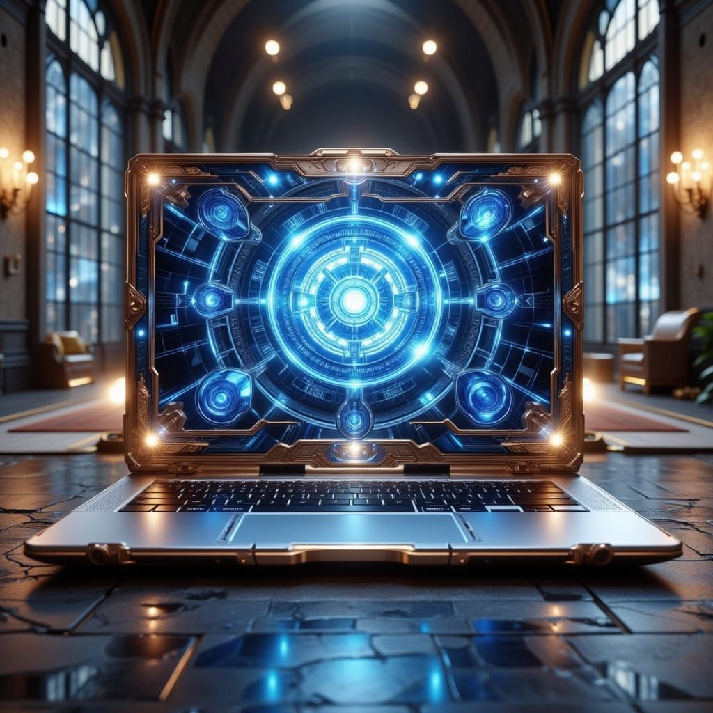 Rose Gold Laptop with Utopian Glyphs in Glitchcore Style