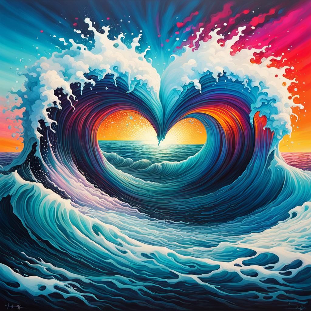 Ocean Waves Form Glowing Heart in Splash Art Style