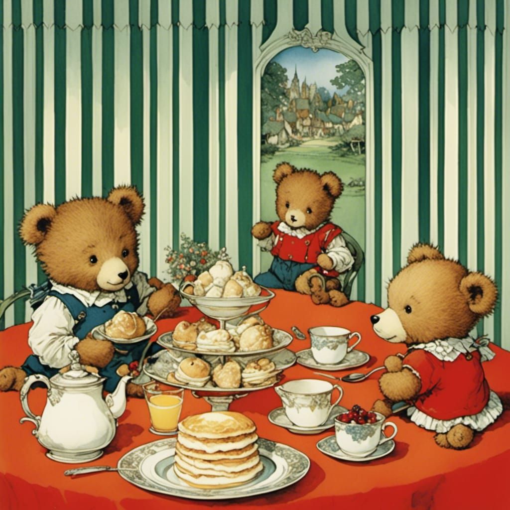 Teddy Bear Family Breakfast: Vintage Illustration