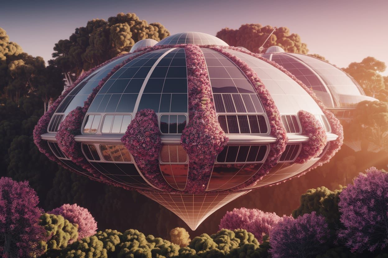 Surreal Solarpunk Oasis in a Verdant Landscape