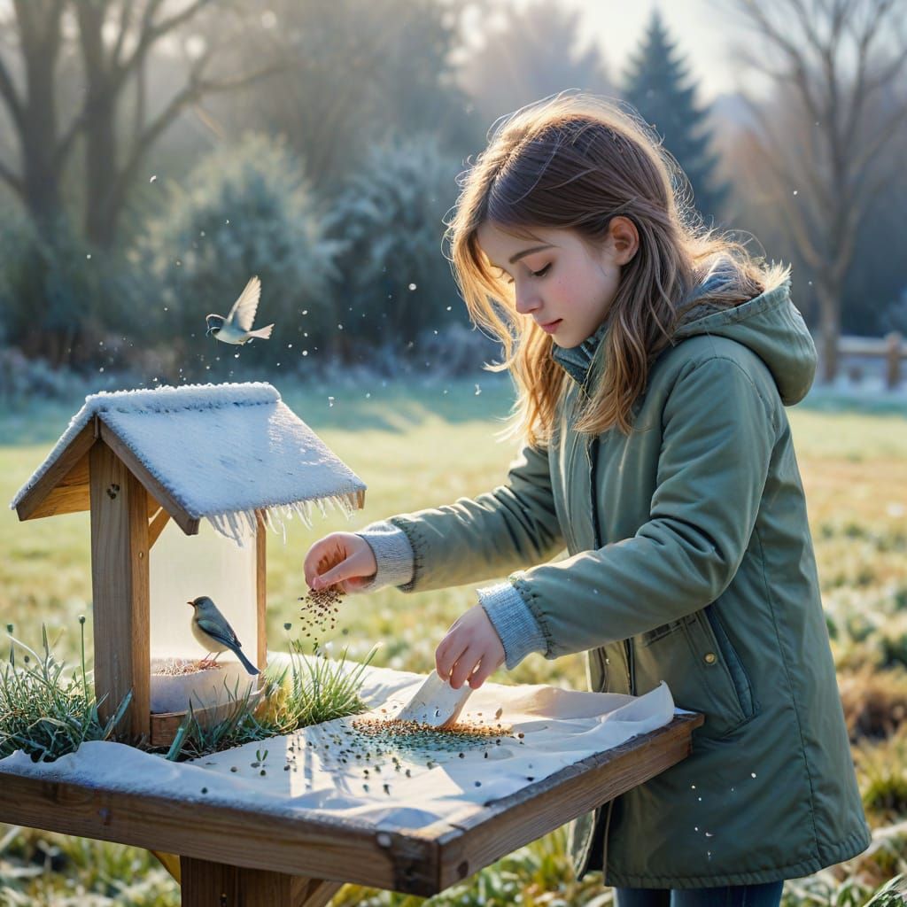 Girl Tending Birds on Frosty Winter Morning as Watercolor Pa...