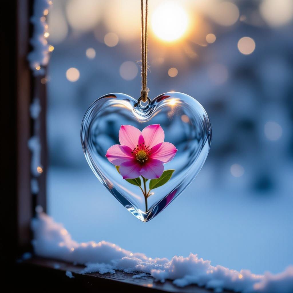 Glass Heart Blooms on Frosty Window with Bokeh