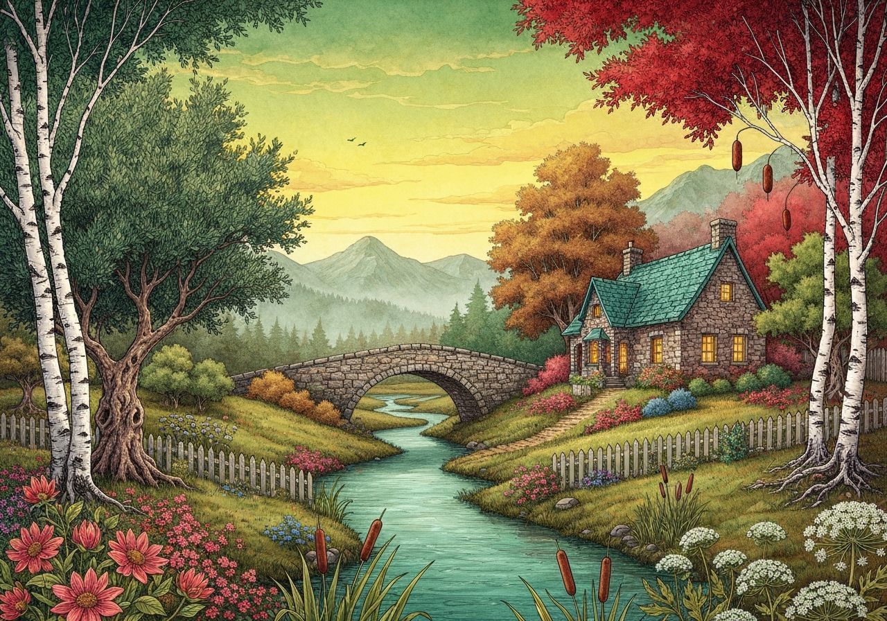Autumnal Cottage Landscape with Misty Mountains