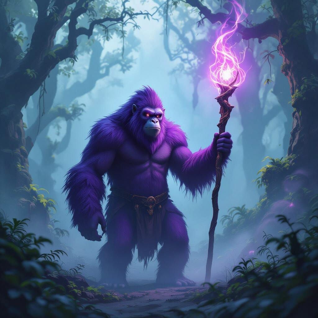 Purple Ape Wielding Glowing Staff in Misty Forest