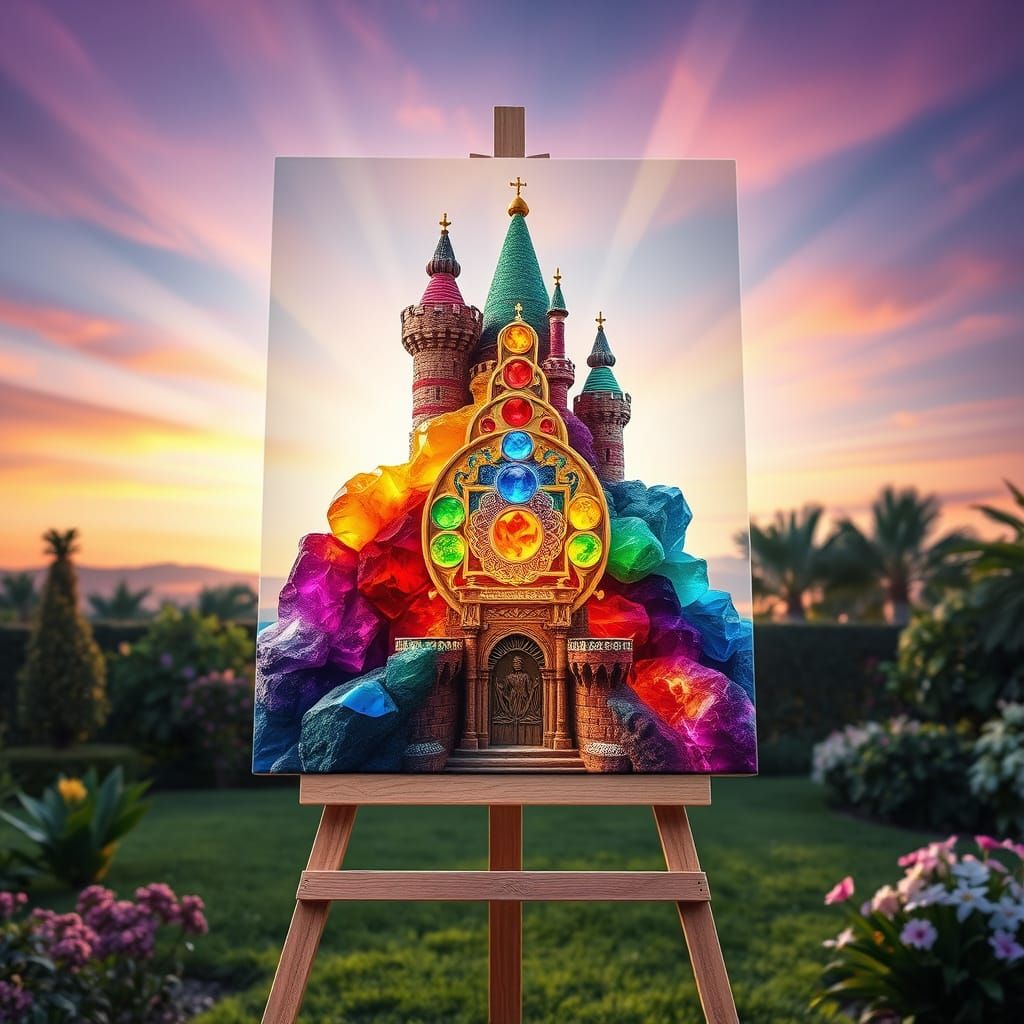 Gemstone Castle Merges with Blank Canvas at Mystical Dawn