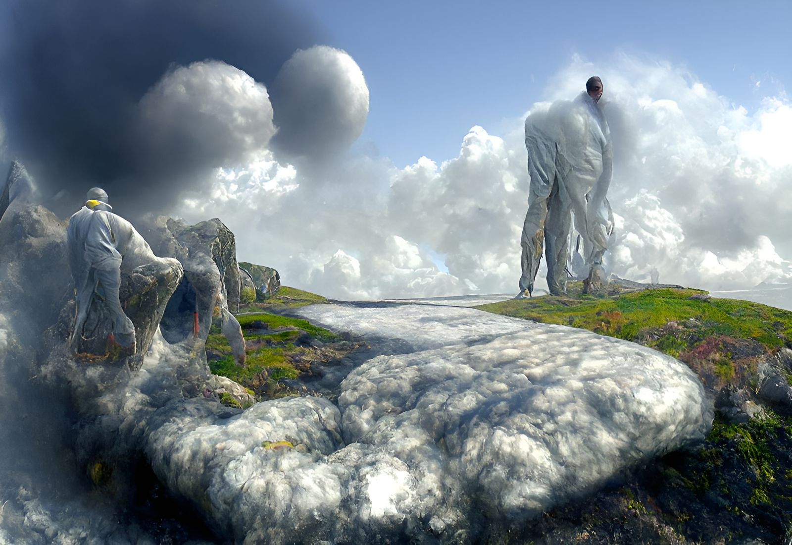 Surreal World Walker on Metal Arch in Sylvan Landscape