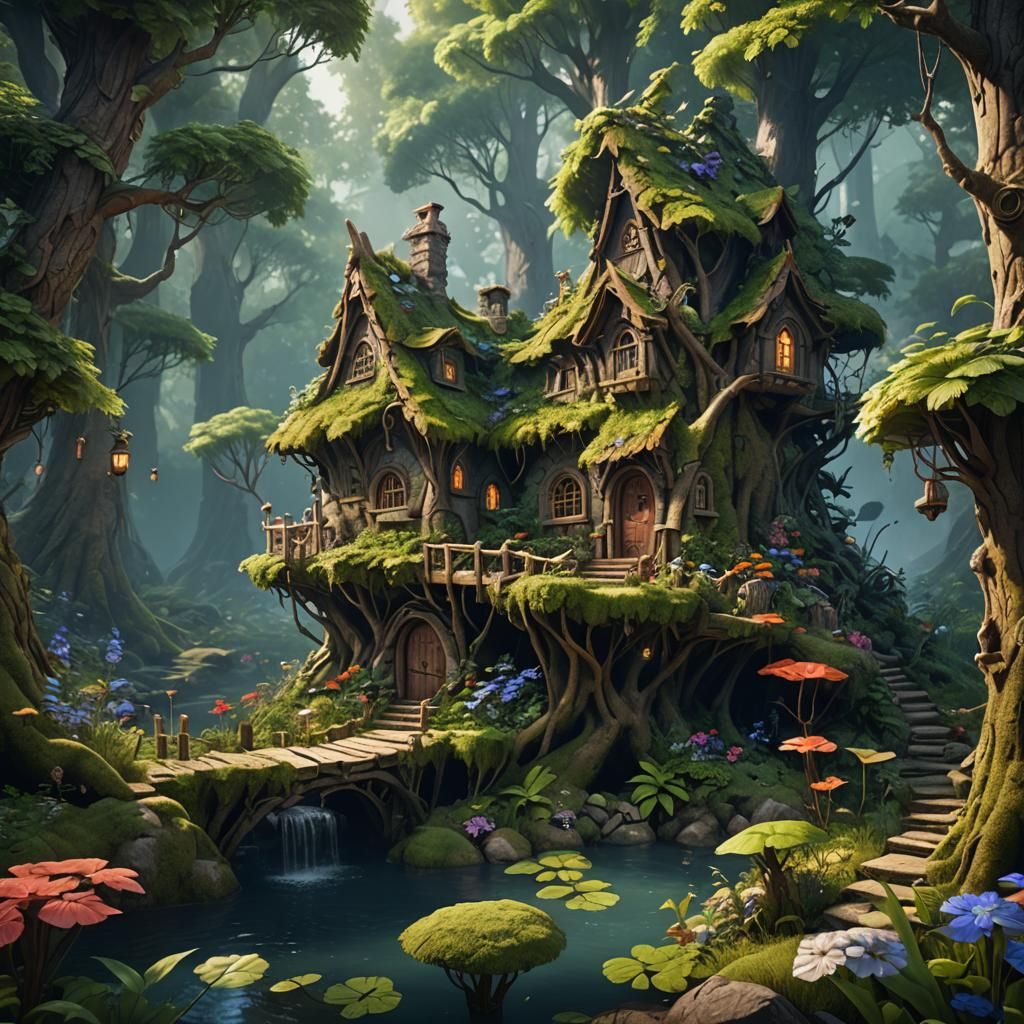 Enchanted Fairy House in Forest: Detailed Matte Painting