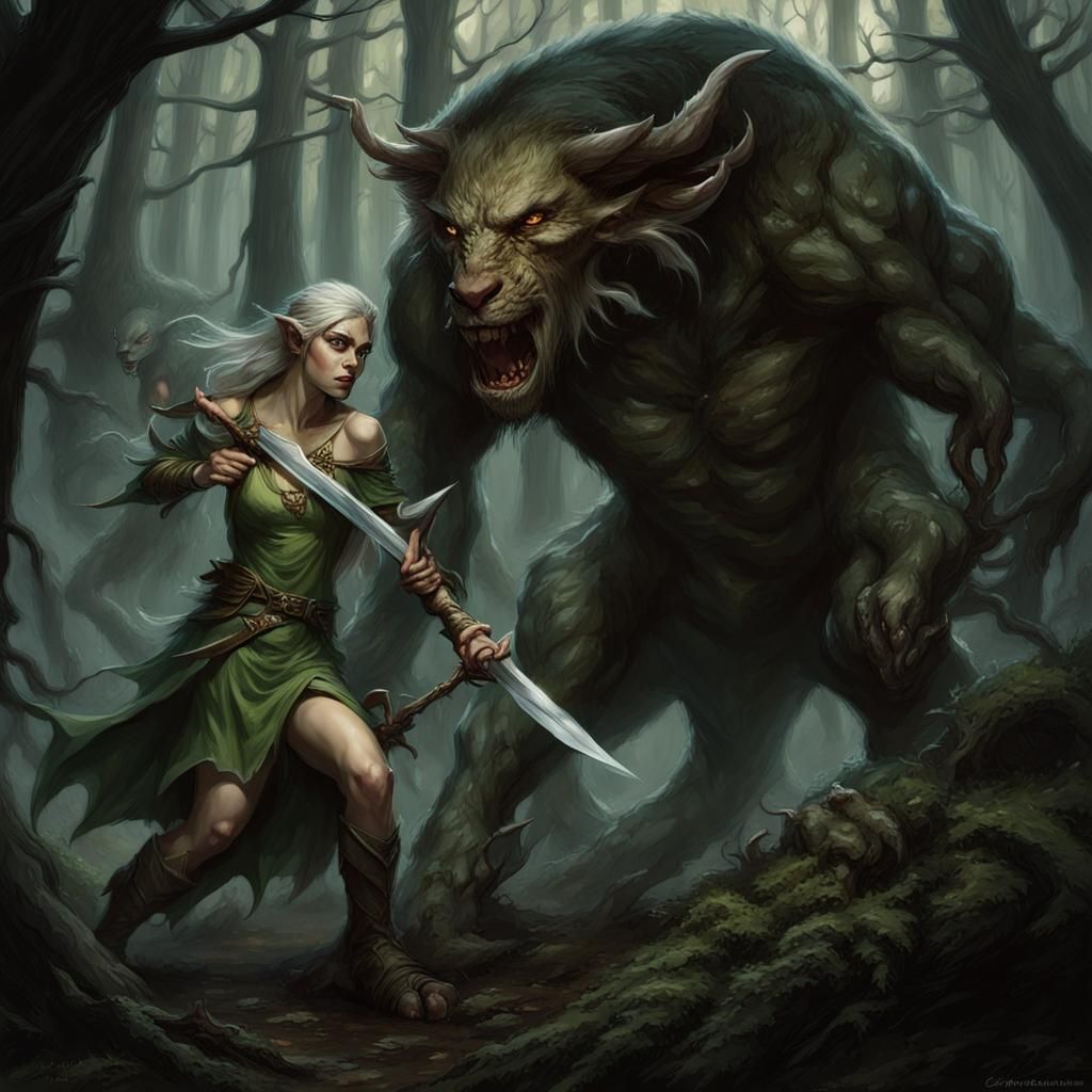 Elven Twins Fight Beast in Dark Forest