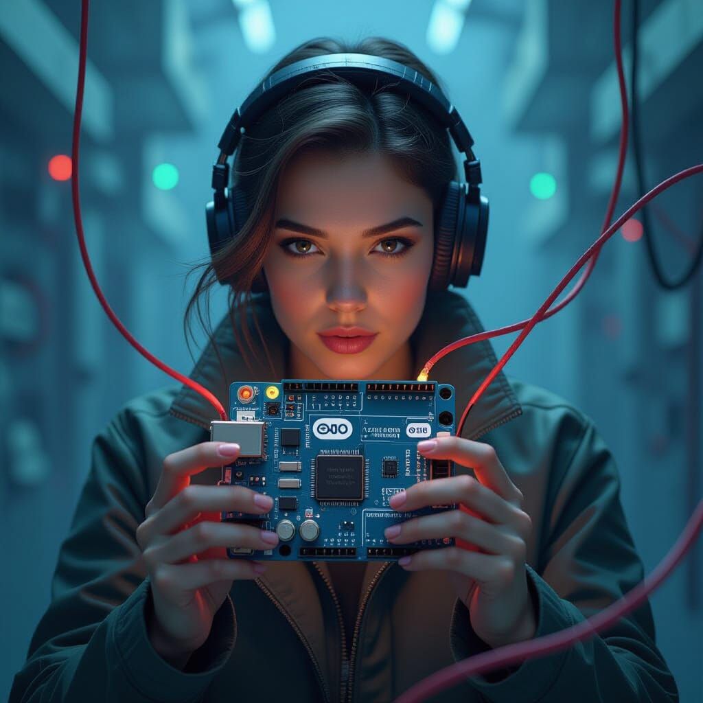 Futuristic Tech Scene with Arduino Board and Components