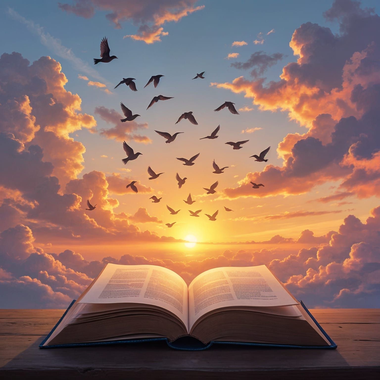 Open Book Transforms Into Birds Flying at Sunrise