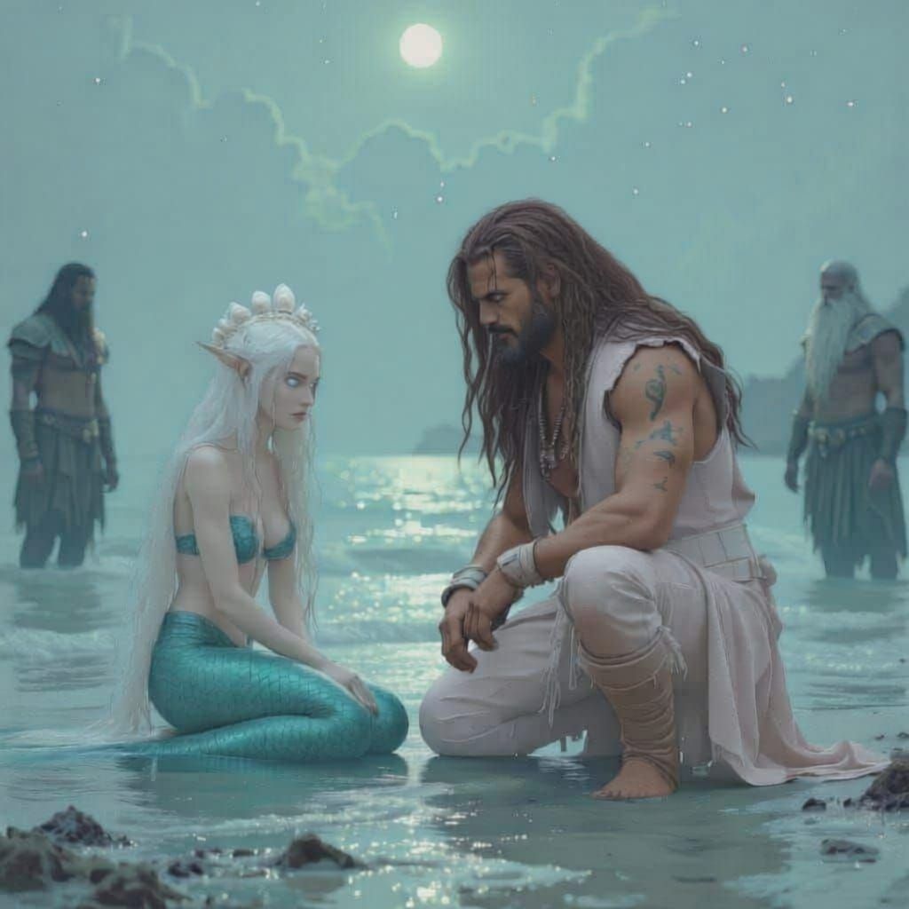 Post-Apocalyptic Shoreline with Merfolk Under Starry Sky