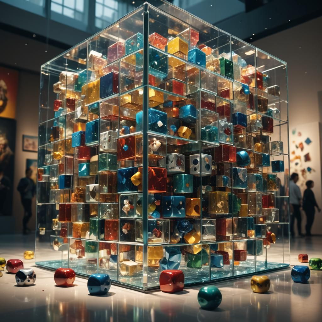 Hyperrealistic Museum Cube with Toys and Spotlight