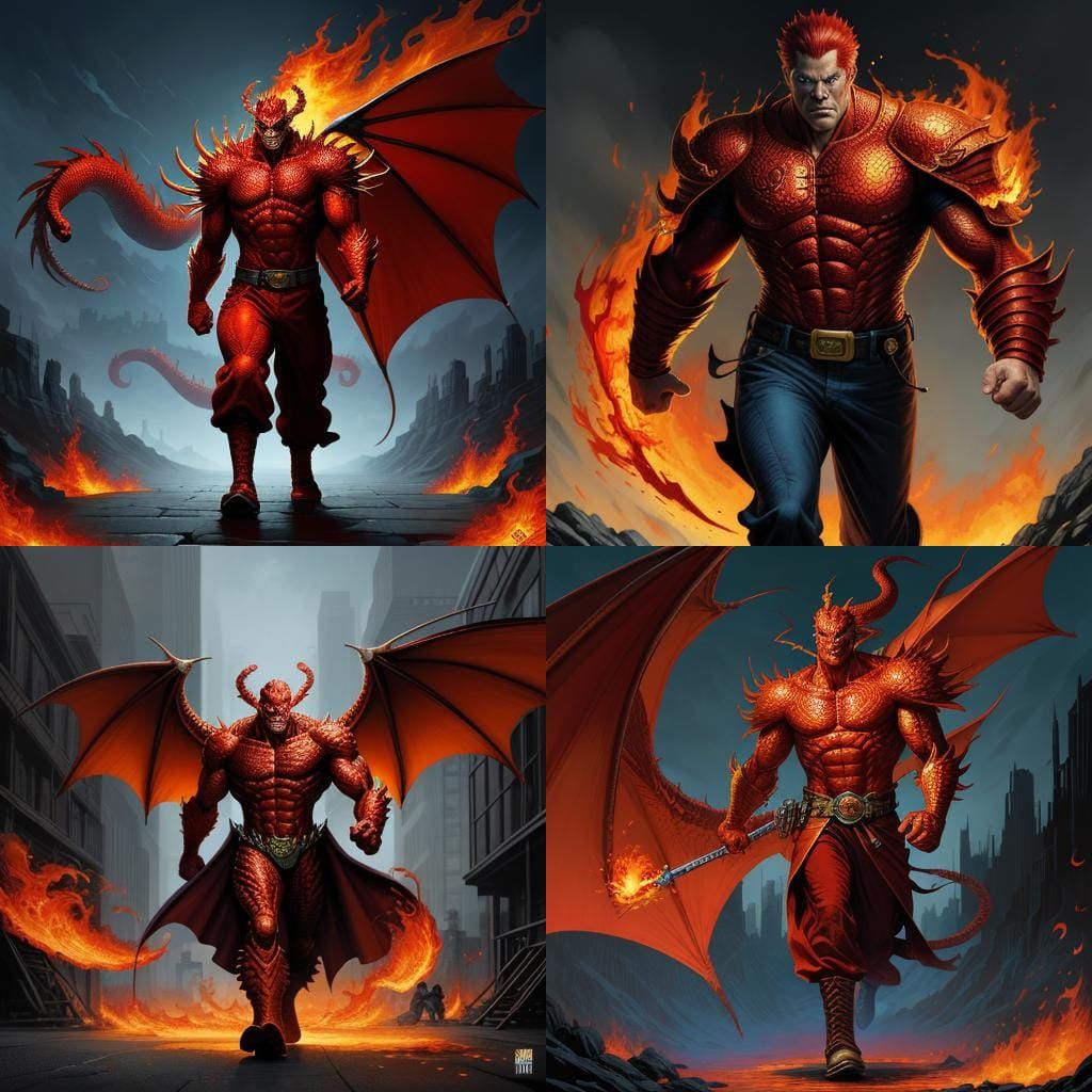 Fiery Dragon Man Walking in Comic Book Art