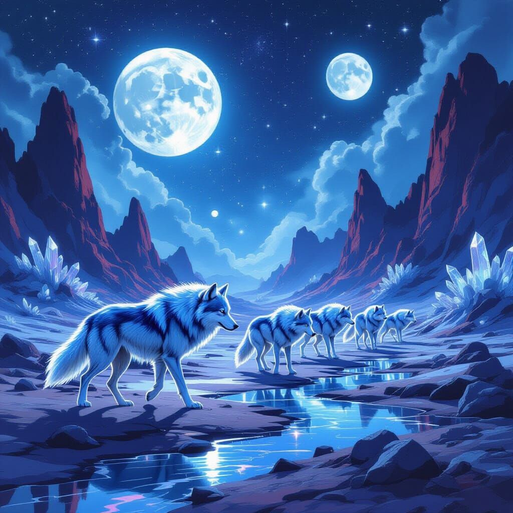 Spectral Wolves Hunt in Alien Landscape