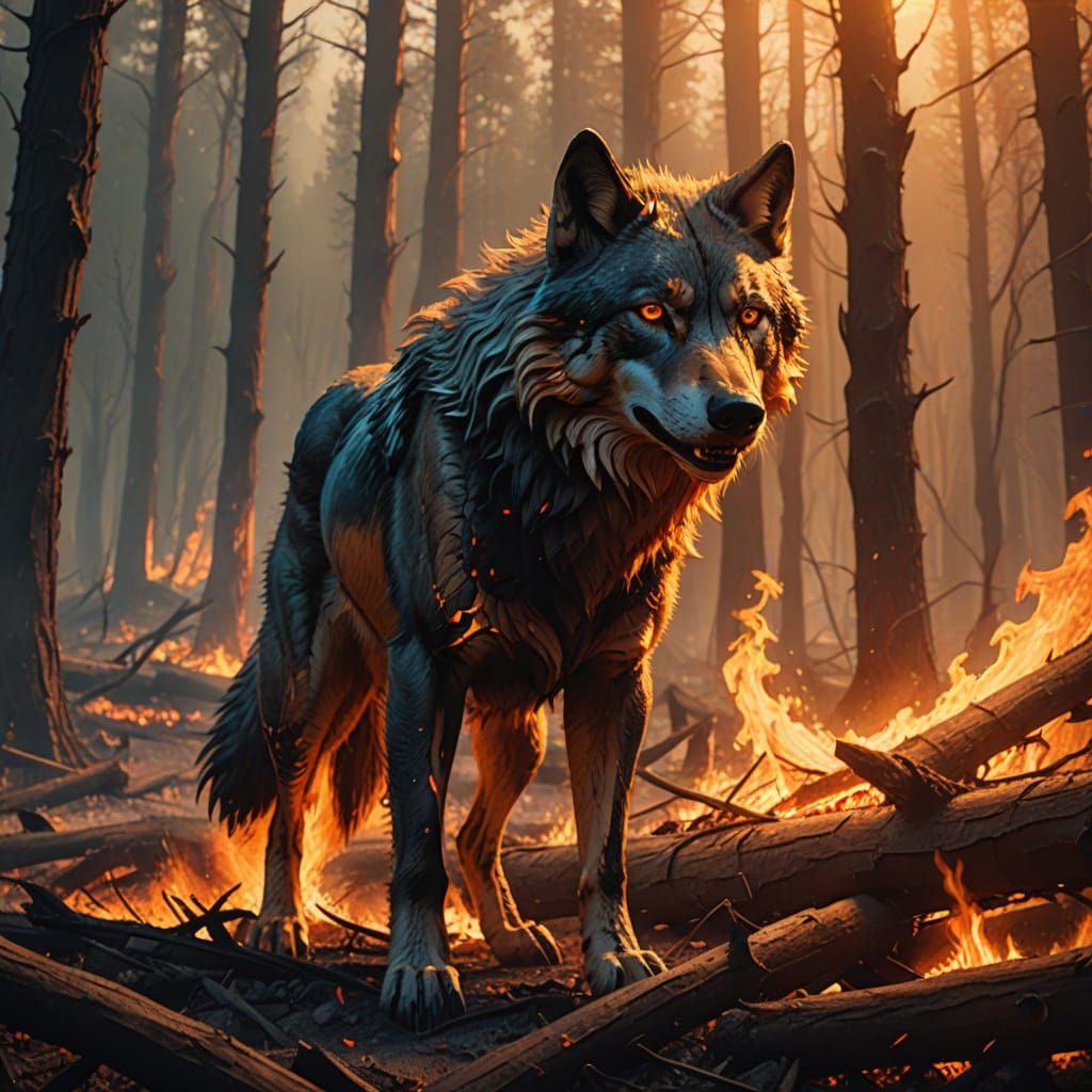 Fire Wolf in Burned Forest: Digital Art