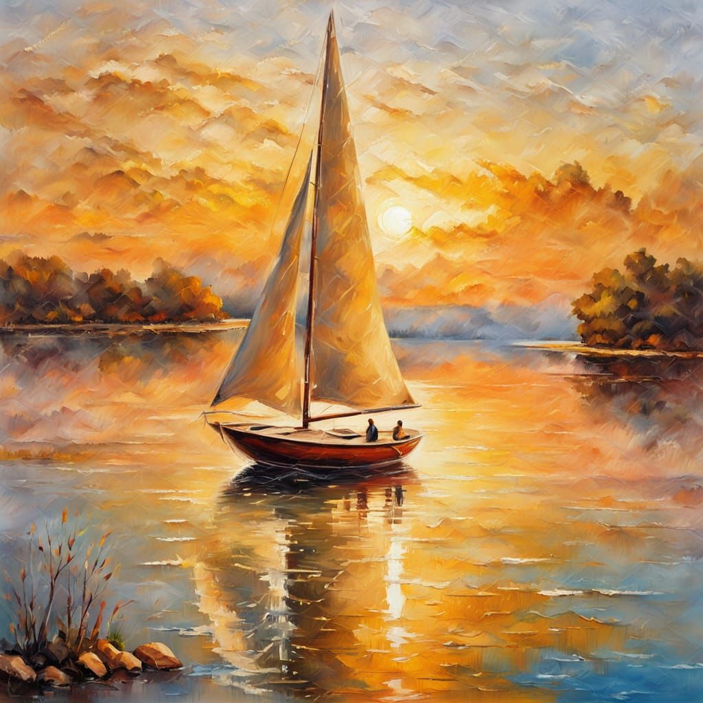 Impressionist Sailboat on Lake with Golden Light