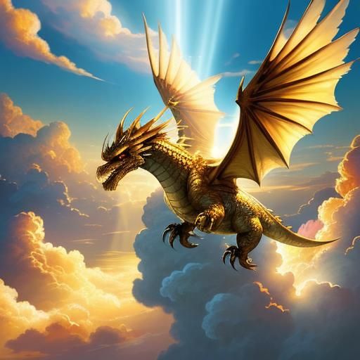 Golden Dragon Soaring Through Cloudscape as Digital Art