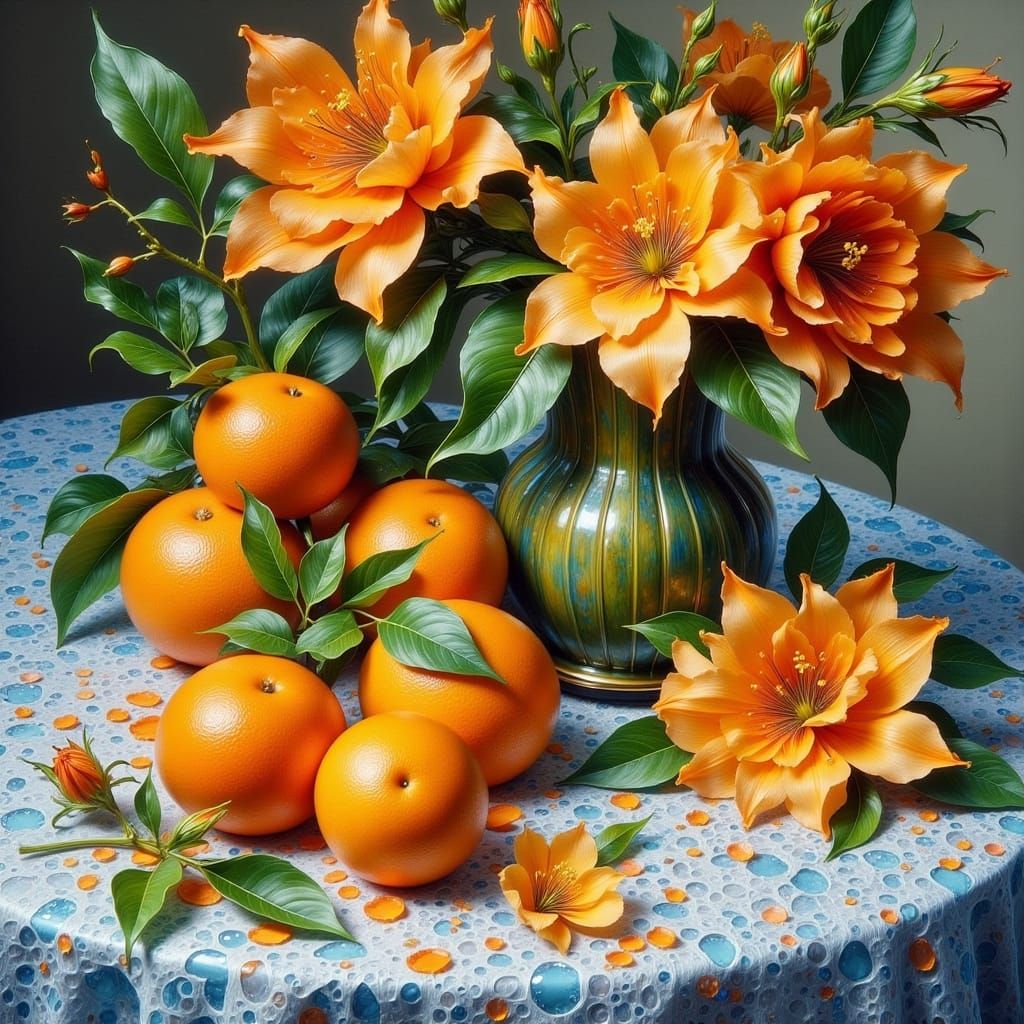 Oranges on Blue Lace in Dreamy Impressionist Style
