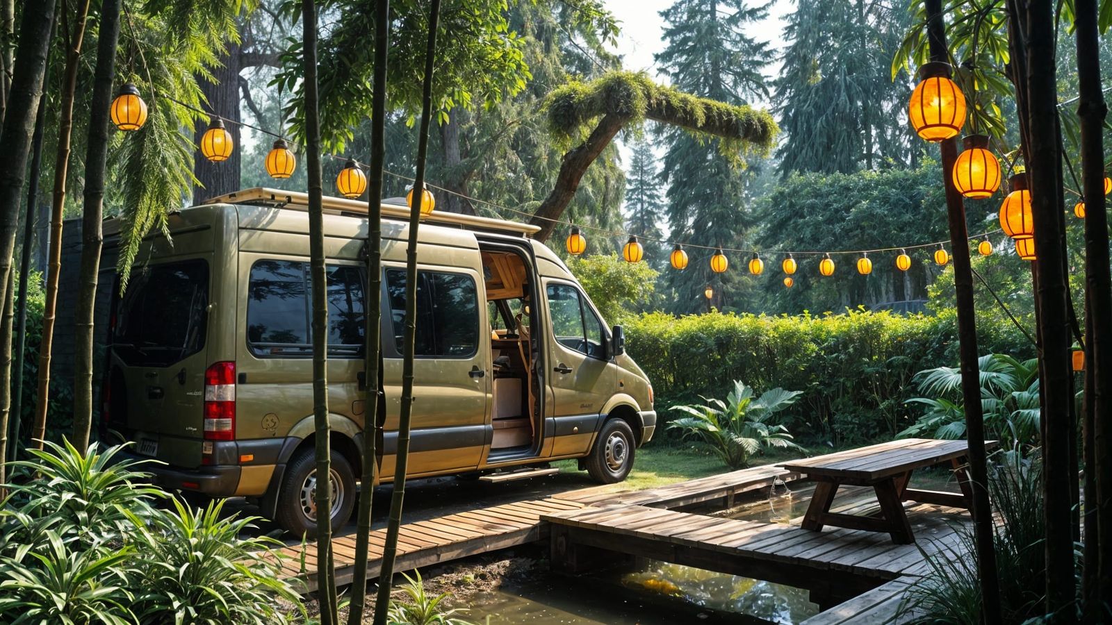 Camper Van in Lush Garden Oasis