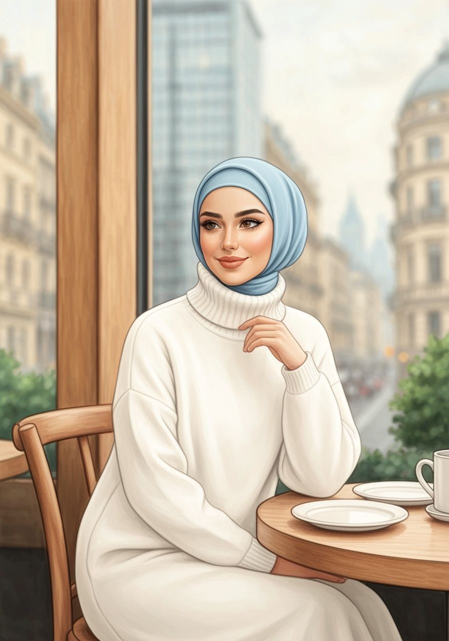Hijabi Woman in Cozy Cafe, Color Pencil Painting