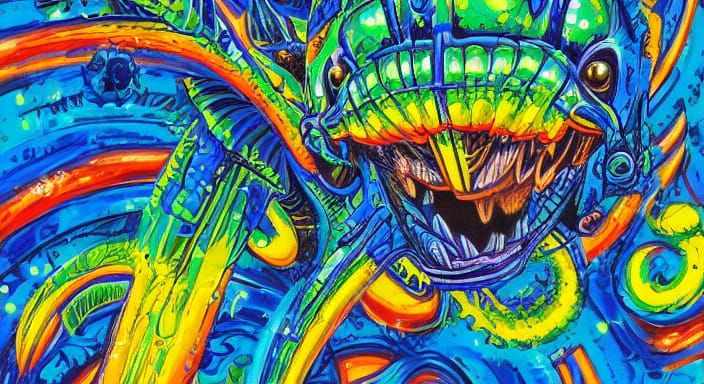 Graffiti Alien Cyborg in Vibrant, High-Contrast Art