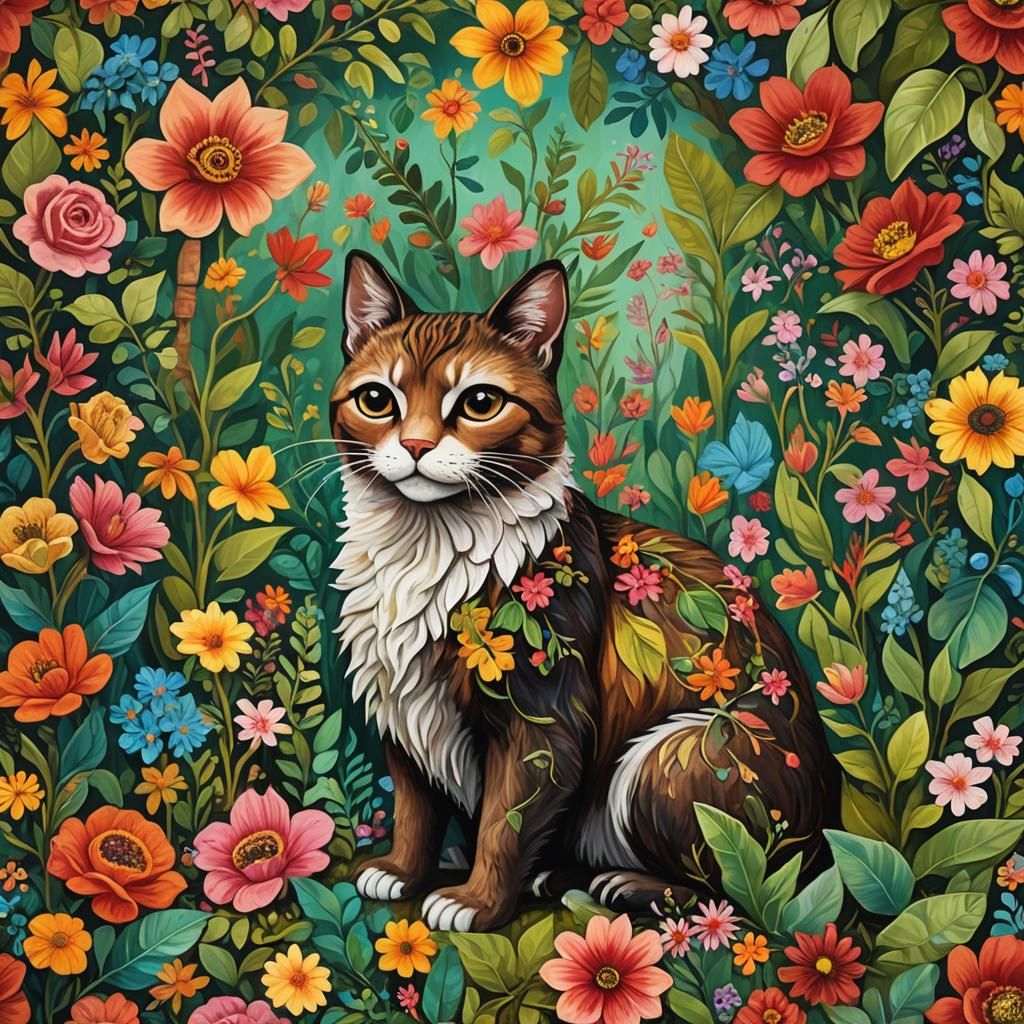 Cute Creature in Garden, Folk-Art Inspired Oil Painting