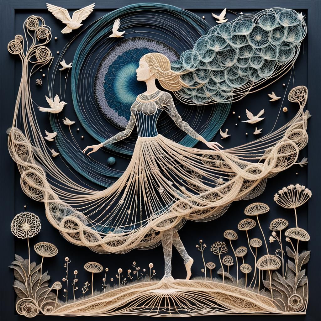 String Art: Woman Dancing with Birds in Mycelium Network