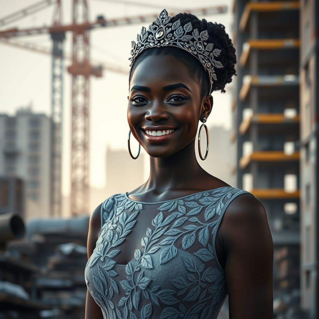 Elegant Black Woman in Lace Dress, Photorealistic Style