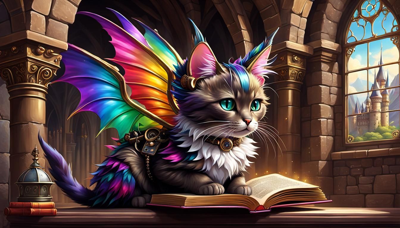 Steampunk Rainbow Dragon Cat in Gothic Castle