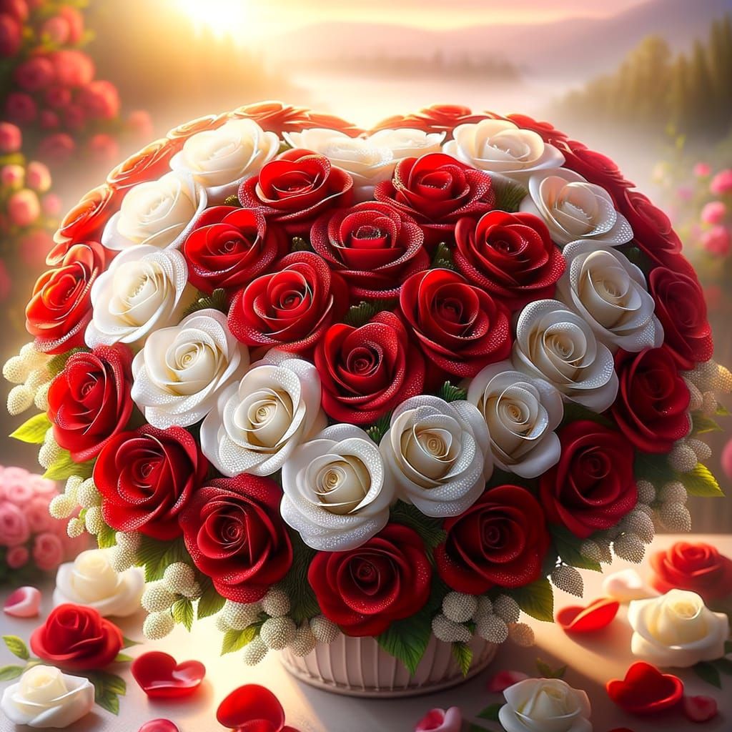 Heart-Shaped Bouquet of Red and White Roses