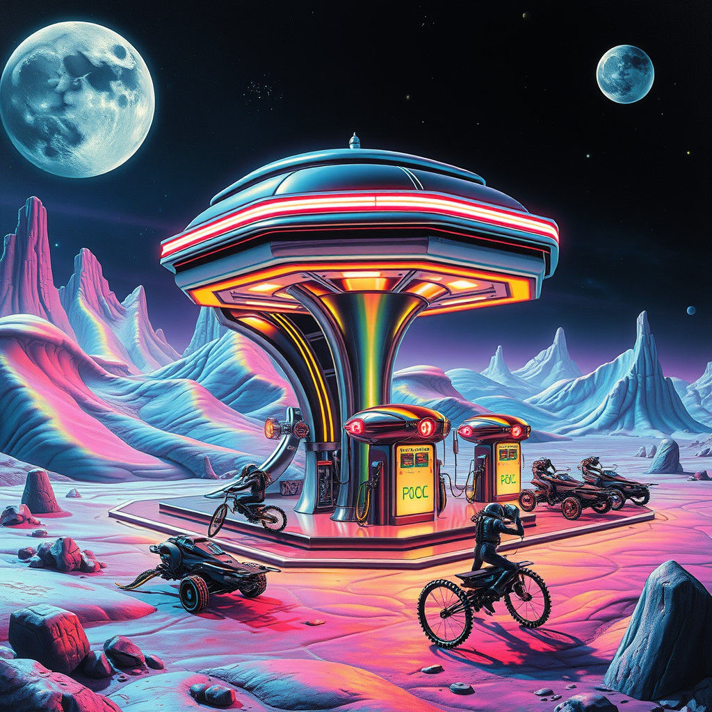 Intergalactic Gas Station on Alien Planet in Surrealist Styl...