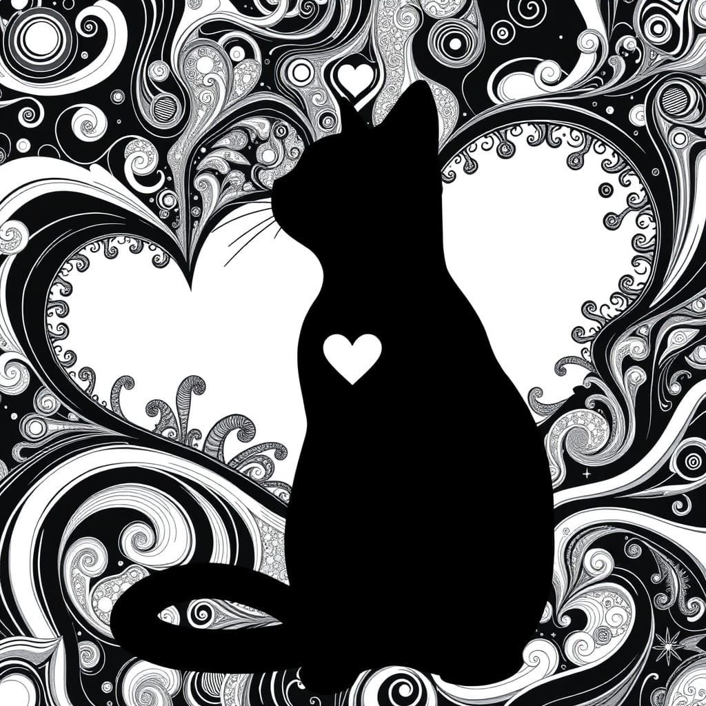 Whimsical Valentine's Day Cat in Minimalist Black and White