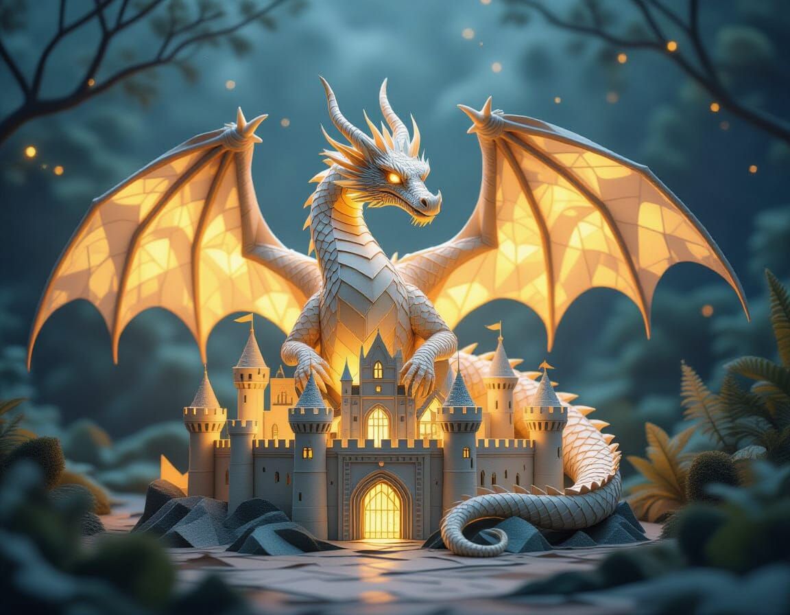 Majestic Paper Dragon Guards Parchment Castle in Cinematic L...