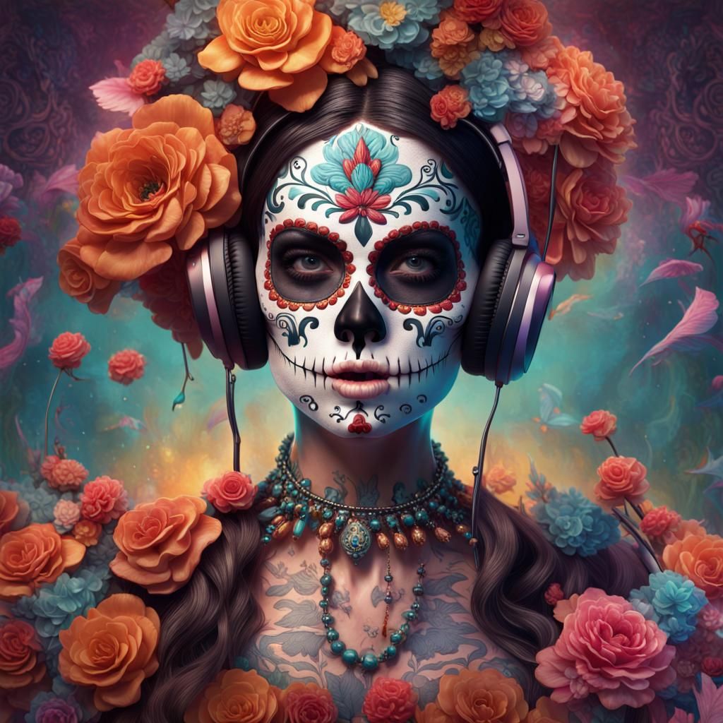 Hyperrealistic 60s Sugar Skull Woman, Music CD Cover