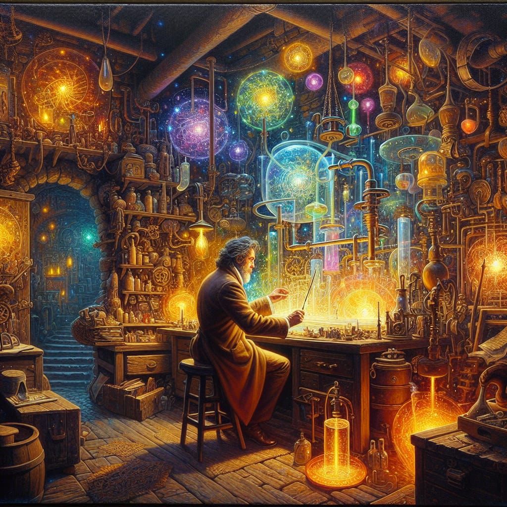 Fantasy Tech Magician's Enchanted Workshop: Oil on Canvas