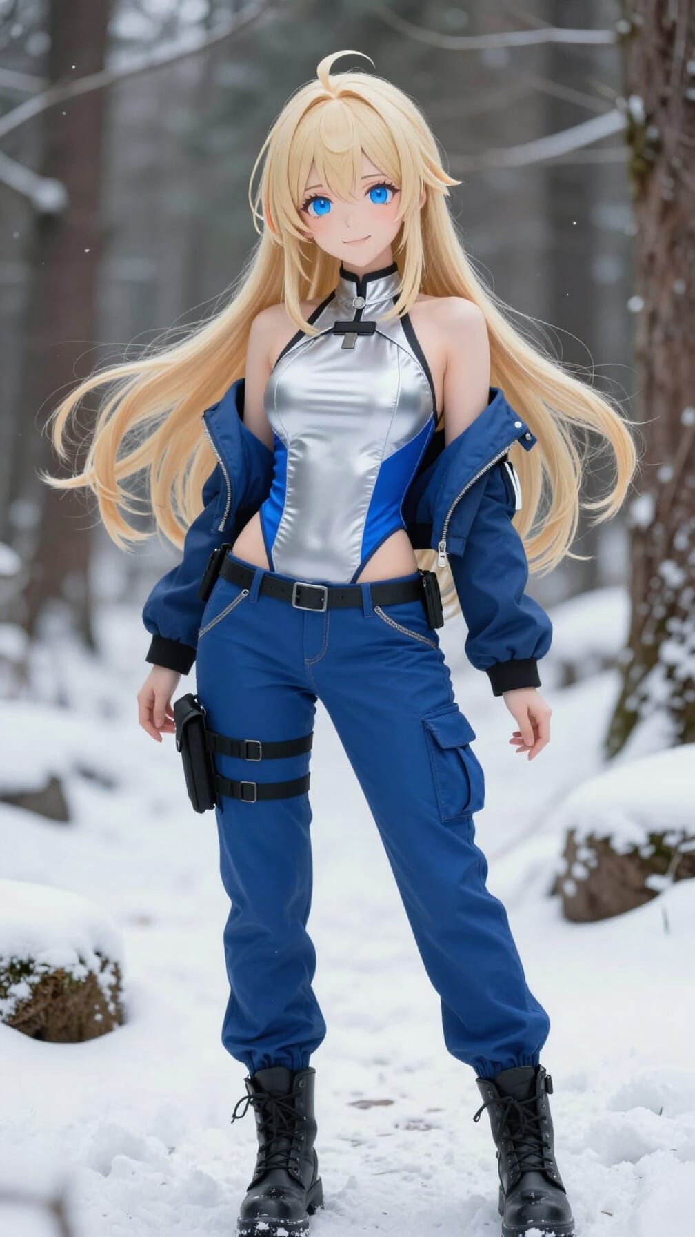 Anime VTuber Model in Silver and Blue Bodysuit