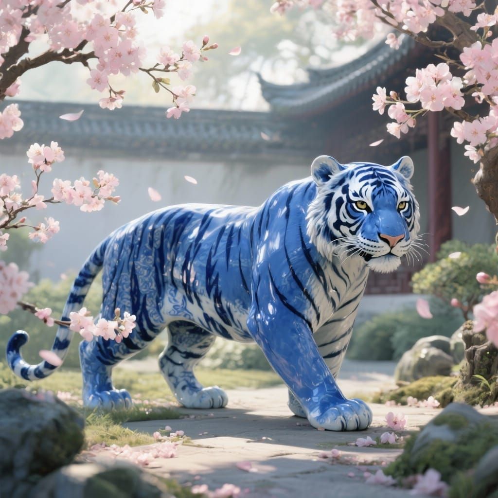 Blue Porcelain Tiger with High Detail and Smooth Textures