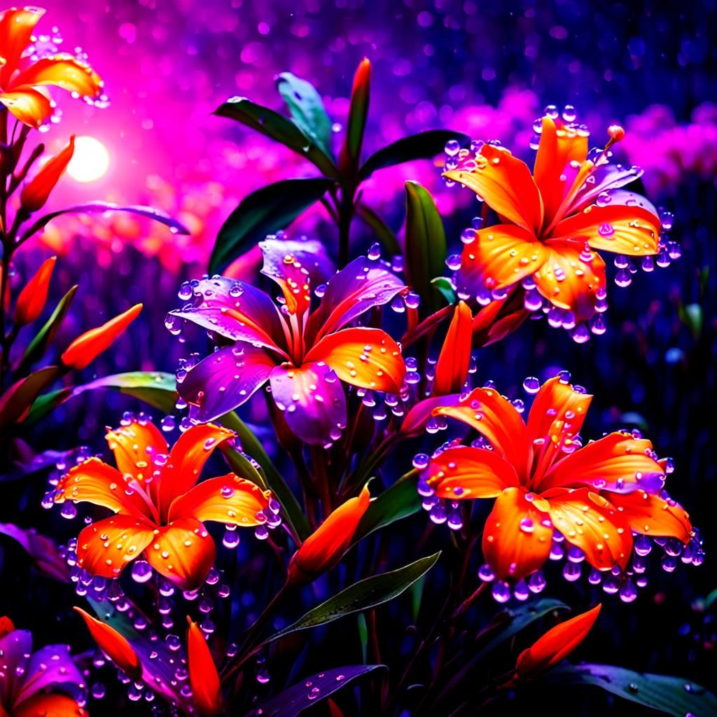 Tropical Flowers Bloom at Night in Neon Colors