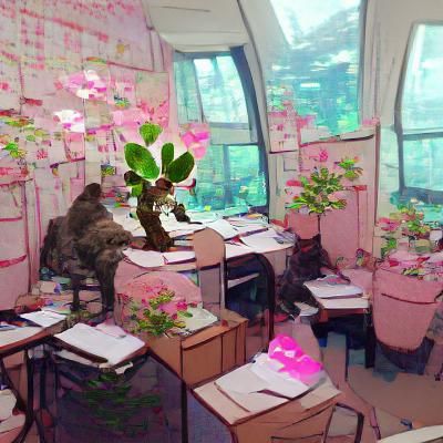 Cozy Study Room with Cherry Blossoms and Cat
