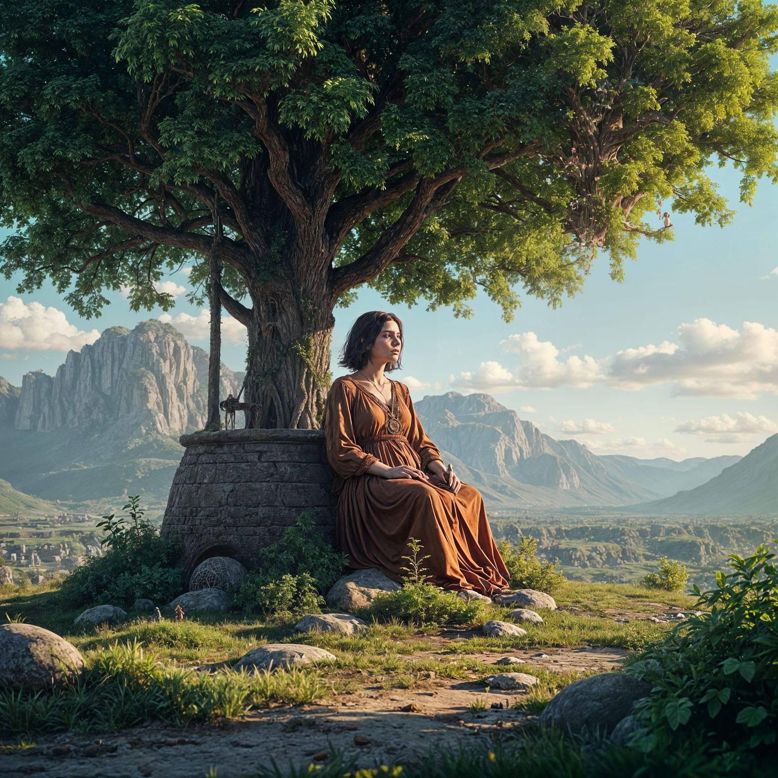 Ethereal Goddess Attends Wisdom Tree in Vibrant Fantasy Land...