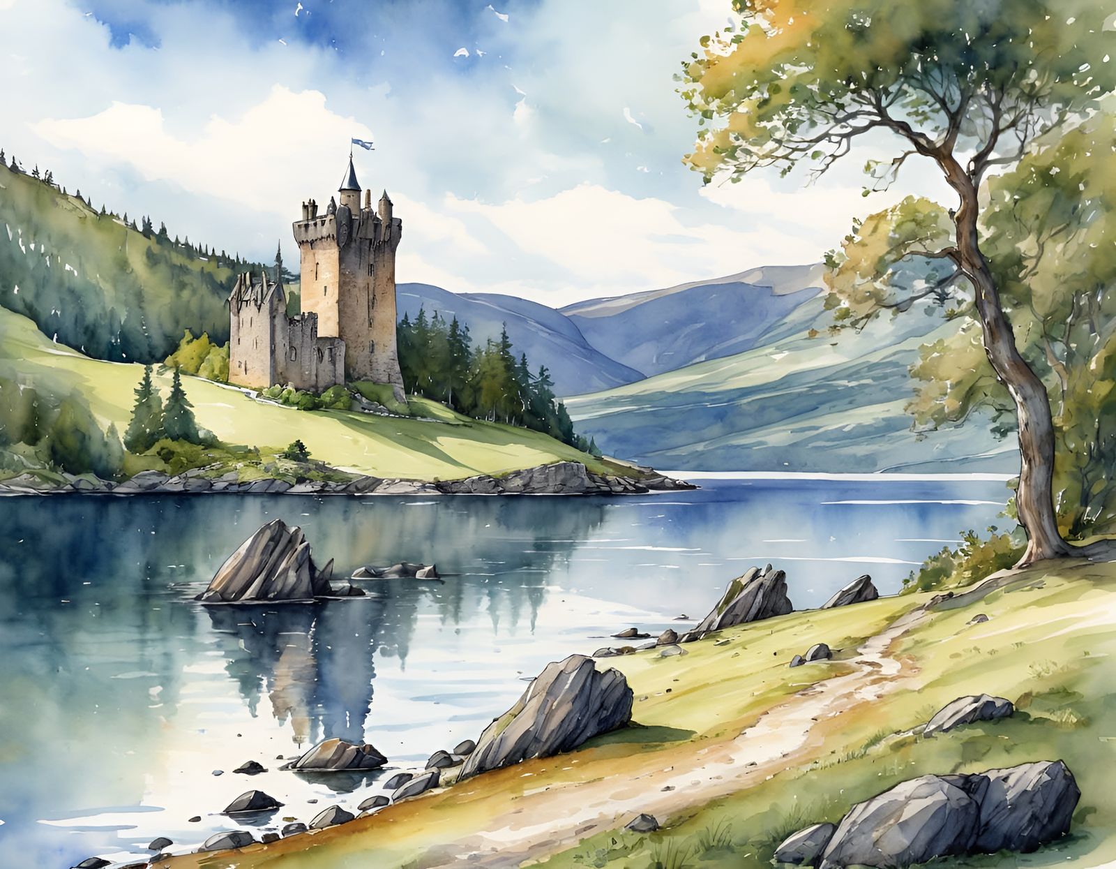 Loch Ness Watercolor Sketch with Castle Ruins